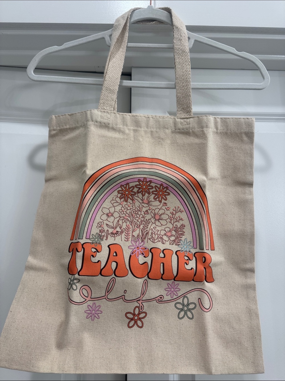 Teacher Life Canvas Tote Bag in Beige with Orange Graphic
